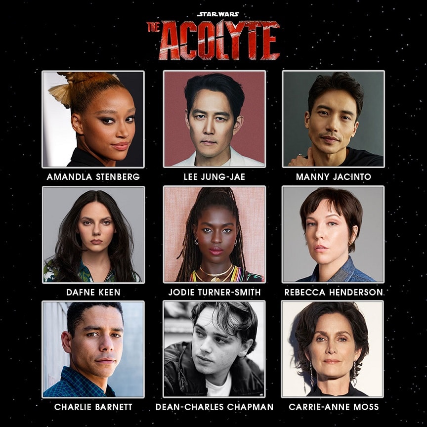 Elenco-de-The-Acolyte Star Wars: The Acolyte revela imagem, sinopse e elenco, incluindo Carrie-Anne Moss
