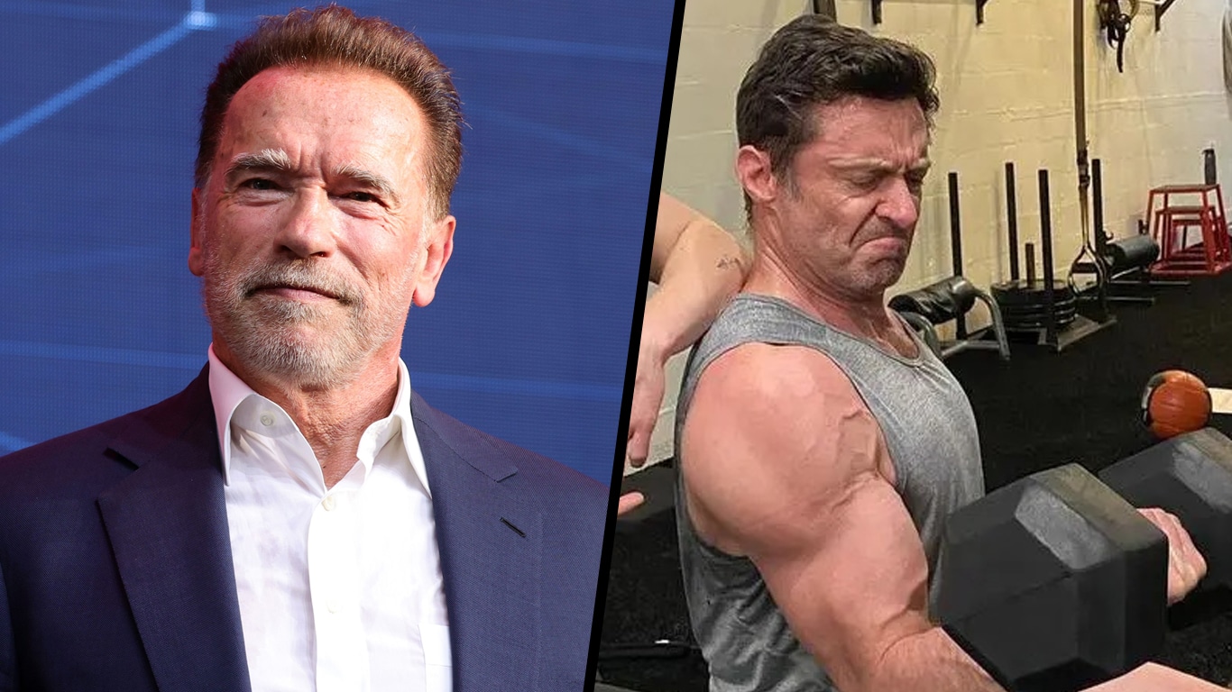 Arnold-Schwarzenegger-e-Hugh-Jackman Arnold Schwarzenegger reage aos músculos de Hugh Jackman