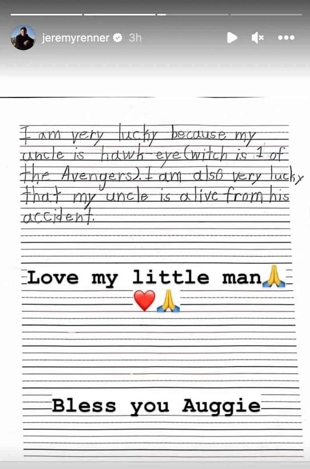 Jeremy-Renner-carta-do-sobrinho Jeremy Renner mostra a carta do sobrinho que salvou em acidente