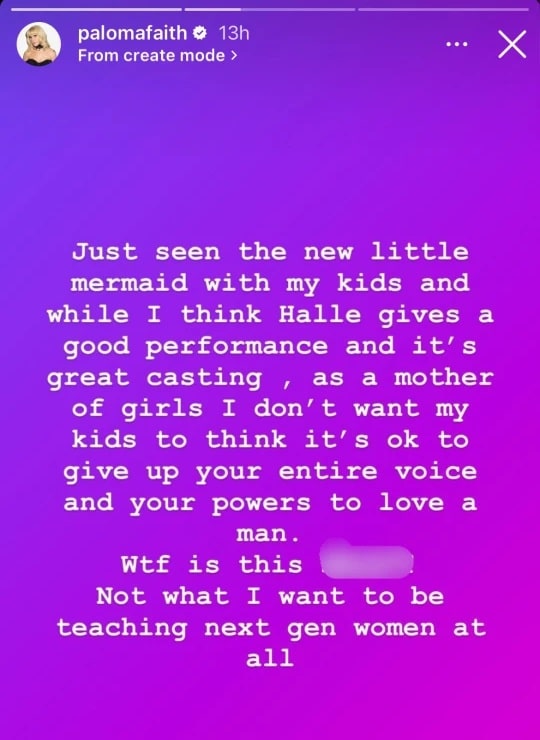 Paloma-Faith-Instagram-A-Pequena-Sereia Atriz de Peter & Wendy critica A Pequena Sereia: 'que m**** é essa?'