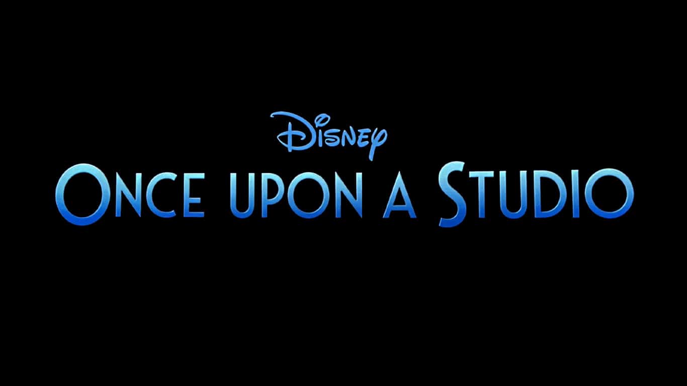 Once-Upon-a-Studio-Logo Com Elsa, Anna, Flecha e Gaston, público aplaude de pé o especial 'Once Upon a Studio'