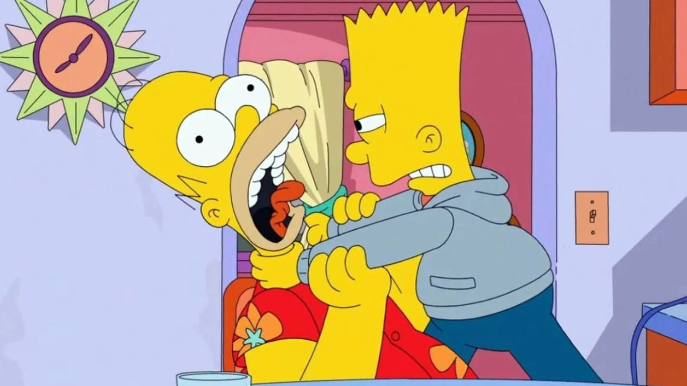 Bart-estrangulando-Homer-em-Os-Simpsons Os Simpsons aproveita polêmica e muda piada do estrangulamento