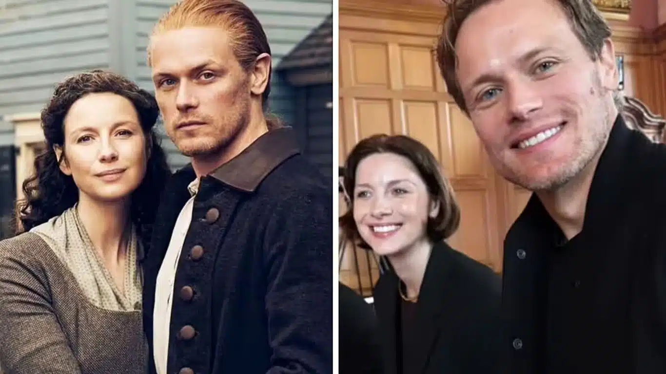 Sam Heughan e Catriona Balfe em clima de despedida de Outlander em foto dos bastidores