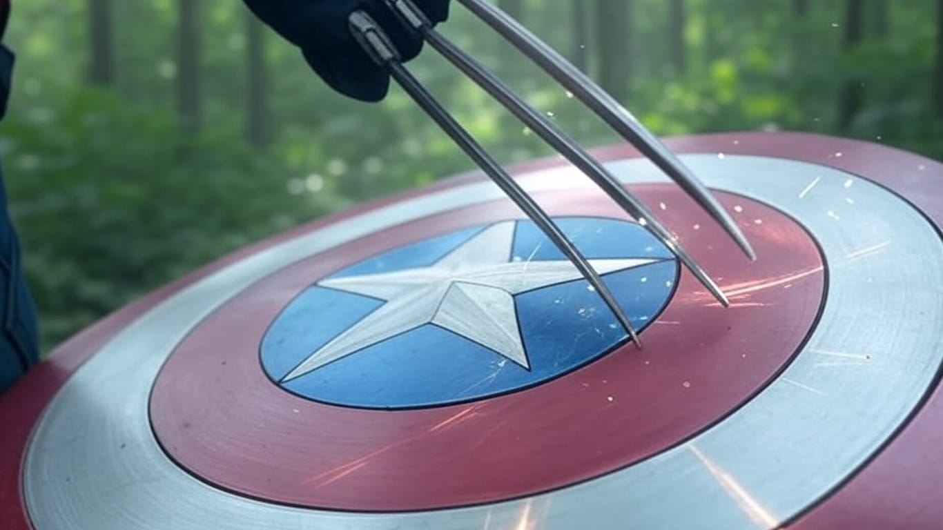 Garras-do-Wolverine-arranhando-o-escudo-do-Capitao-America Adamantium ou Vibranium: Qual metal é mais forte no Universo Marvel?