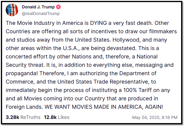 Donald Trump declara guerra aos filmes feitos fora dos Estados Unidos image-3 Donald Trump declara guerra aos filmes feitos fora dos Estados Unidos
