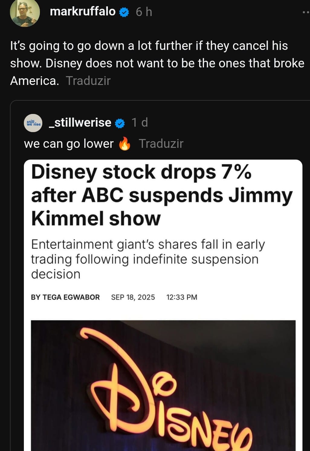 Mark Ruffalo dispara contra a Disney e alerta sobre consequências de cancelar Jimmy Kimmel Screenshot_2025-09-20-18-17-12-946_com.android.chrome Mark Ruffalo dispara contra a Disney e alerta sobre consequências de cancelar Jimmy Kimmel