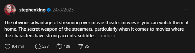 Por que o streaming está vencendo os cinemas? Stephen King tem uma teoria curiosa image-2 Por que o streaming está vencendo os cinemas? Stephen King tem uma teoria curiosa