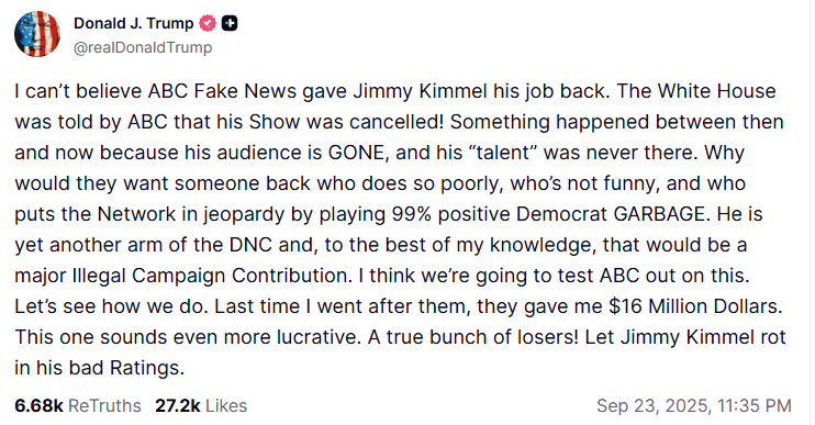 "Deixem ele apodrecer": Donald Trump reage ao retorno de Jimmy Kimmel e faz nova ameaça image-52 "Deixem ele apodrecer": Donald Trump reage ao retorno de Jimmy Kimmel e faz nova ameaça