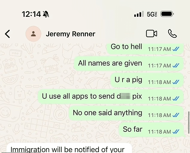 Cineasta publica prints e acusa Jeremy Renner de enviar fotos explícitas e fazer ameaças image-52 Cineasta publica prints e acusa Jeremy Renner de enviar fotos explícitas e fazer ameaças