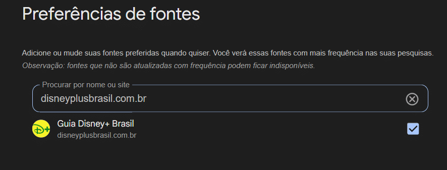 image Como favoritar o Guia Disney+ Brasil como fonte preferida no Google