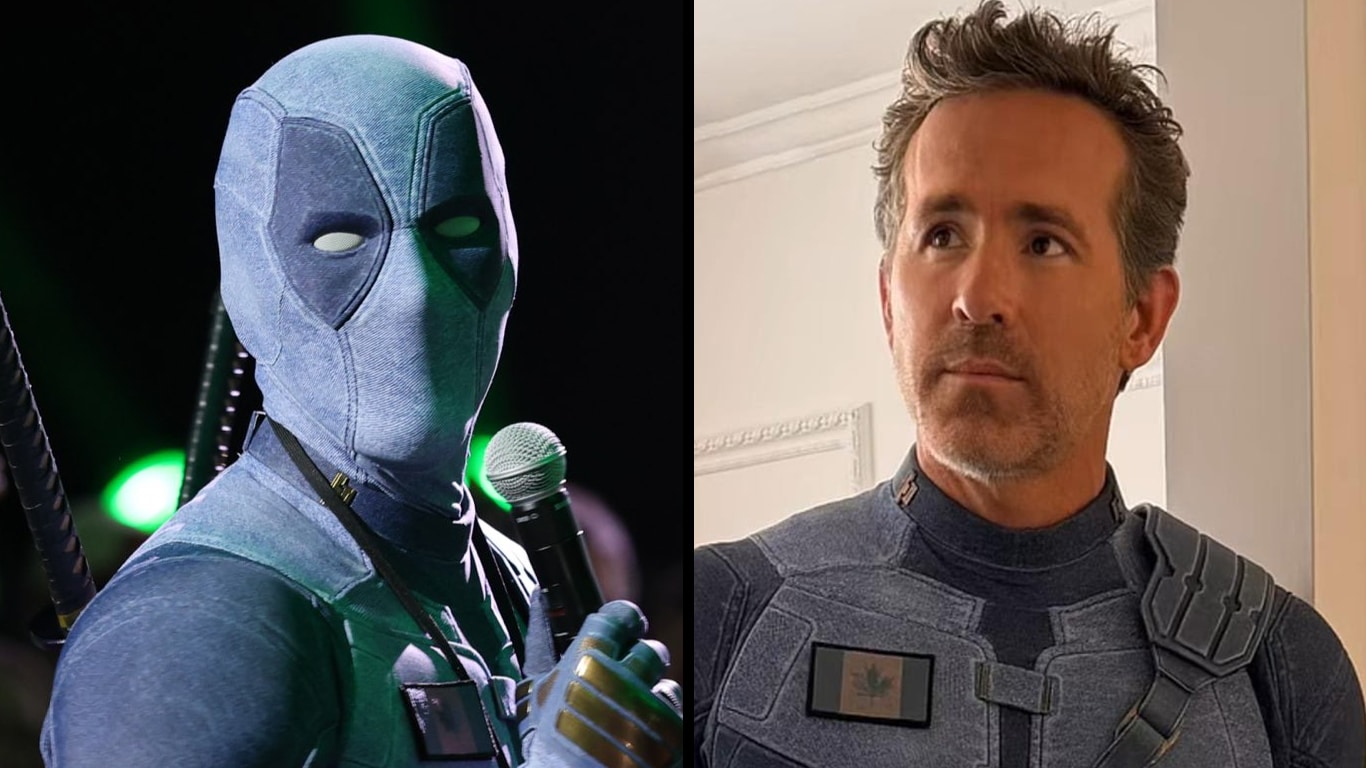 Deadpool-cinza Ryan Reynolds exibe traje cinza de Deadpool e faz pergunta a Robert Downey Jr.